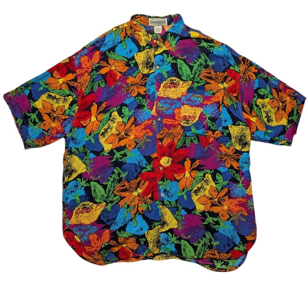 Vintage Unionbay‎ Distressed Flower Print Short Sleeve Shirt 90s Warhol Size XL